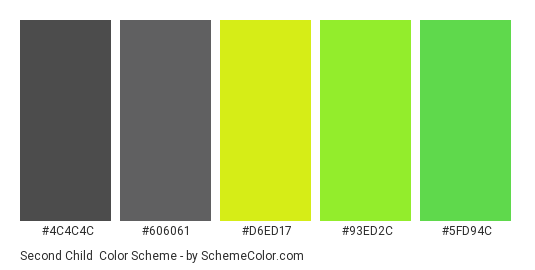 Second Child - Color scheme palette thumbnail - #4C4C4C #606061 #D6ED17 #93ED2C #5FD94C 