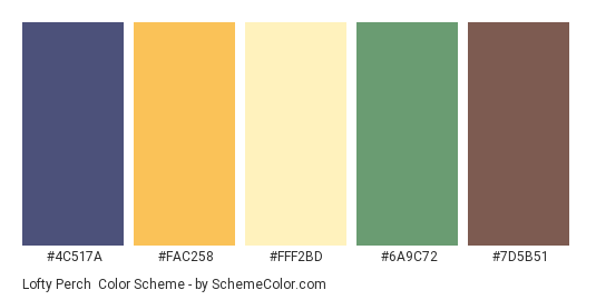 Lofty Perch - Color scheme palette thumbnail - #4C517A #FAC258 #FFF2BD #6A9C72 #7D5B51 