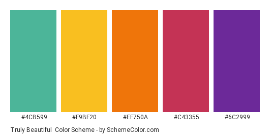Truly Beautiful - Color scheme palette thumbnail - #4CB599 #F9BF20 #EF750A #C43355 #6C2999 