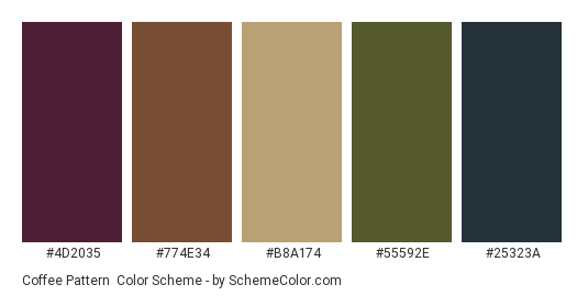 Coffee Pattern - Color scheme palette thumbnail - #4D2035 #774E34 #B8A174 #55592E #25323A 