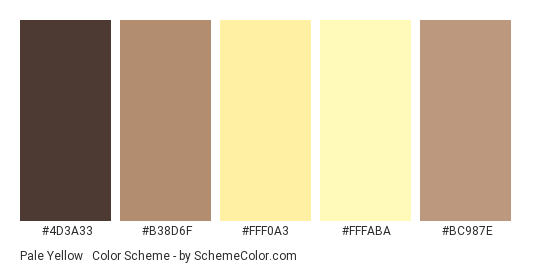 Pale Yellow & Taupe - Color scheme palette thumbnail - #4D3A33 #B38D6F #FFF0A3 #FFFABA #BC987E 