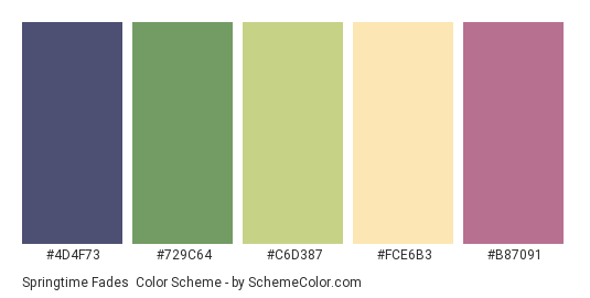 Springtime Fades - Color scheme palette thumbnail - #4D4F73 #729C64 #C6D387 #FCE6B3 #B87091 