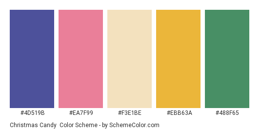 Christmas Candy - Color scheme palette thumbnail - #4D519B #EA7F99 #F3E1BE #EBB63A #488F65 