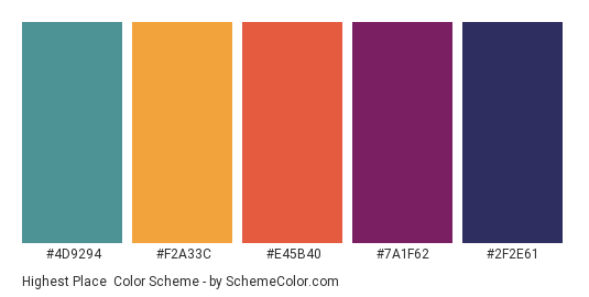 Highest Place - Color scheme palette thumbnail - #4D9294 #F2A33C #E45B40 #7A1F62 #2F2E61 