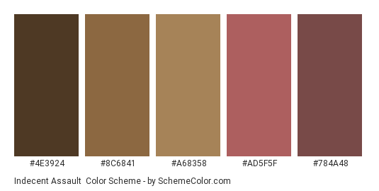 Indecent Assault - Color scheme palette thumbnail - #4E3924 #8C6841 #A68358 #AD5F5F #784A48 