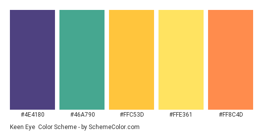 Keen Eye - Color scheme palette thumbnail - #4E4180 #46A790 #FFC53D #FFE361 #FF8C4D 
