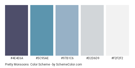 Pretty Monsoons - Color scheme palette thumbnail - #4E4E6A #5C95AE #97B1C6 #D2D6D9 #F2F2F2 