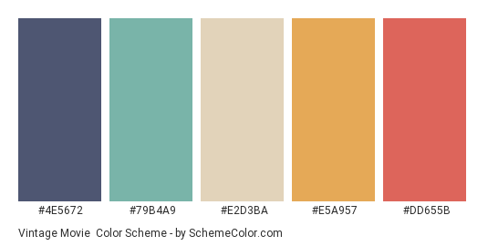 Vintage Movie - Color scheme palette thumbnail - #4E5672 #79B4A9 #E2D3BA #E5A957 #DD655B 