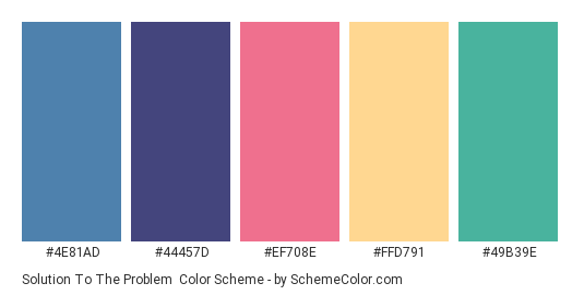 Solution to the Problem - Color scheme palette thumbnail - #4E81AD #44457D #EF708E #FFD791 #49B39E 