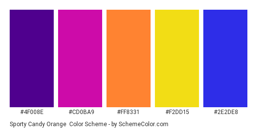 Sporty Candy Orange - Color scheme palette thumbnail - #4F008E #CD0BA9 #FF8331 #F2DD15 #2E2DE8 