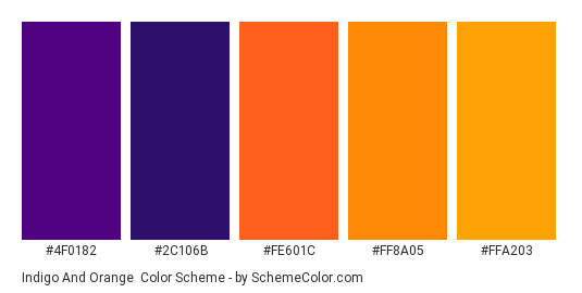 Indigo and Orange - Color scheme palette thumbnail - #4F0182 #2C106B #FE601C #FF8A05 #FFA203 