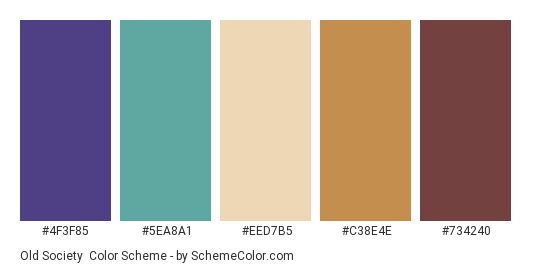 Old Society - Color scheme palette thumbnail - #4F3F85 #5EA8A1 #EED7B5 #C38E4E #734240 