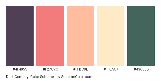 Dark Comedy - Color scheme palette thumbnail - #4F4055 #F27C7C #FFBC9E #FFEAC7 #43655B 