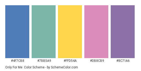Only For Me - Color scheme palette thumbnail - #4F7CB8 #7BB5A9 #FFD54A #DB8CB9 #8C71A6 