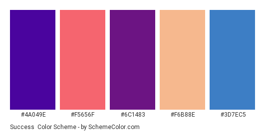 Success - Color scheme palette thumbnail - #4a049e #f5656f #6c1483 #f6b88e #3d7ec5 