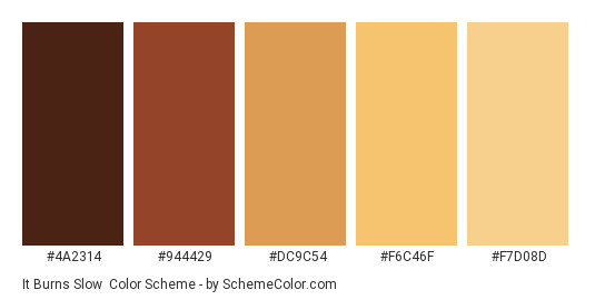 It Burns Slow - Color scheme palette thumbnail - #4a2314 #944429 #dc9c54 #f6c46f #f7d08d 