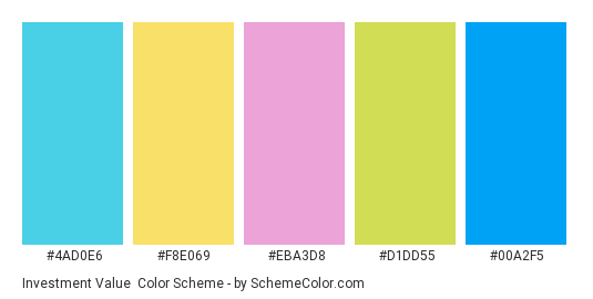 Investment Value - Color scheme palette thumbnail - #4ad0e6 #f8e069 #eba3d8 #d1dd55 #00a2f5 