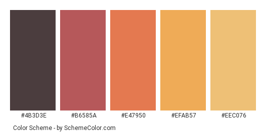 Sunset Windows - Color scheme palette thumbnail - #4b3d3e #b6585a #e47950 #efab57 #eec076 