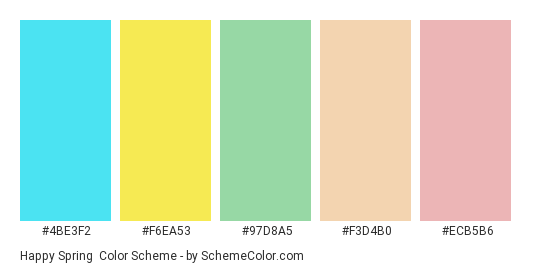 Happy Spring - Color scheme palette thumbnail - #4be3f2 #f6ea53 #97d8a5 #f3d4b0 #ecb5b6 