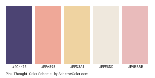 Pink Thought - Color scheme palette thumbnail - #4c4473 #efa898 #efd3a1 #efe8dd #e9bbbb 