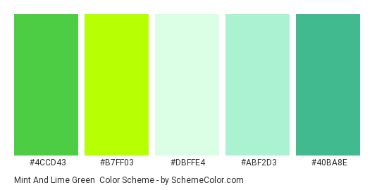 Mint and Lime Green - Color scheme palette thumbnail - #4ccd43 #b7ff03 #dbffe4 #abf2d3 #40ba8e 