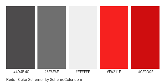 Reds & Grays - Color scheme palette thumbnail - #4d4b4c #6f6f6f #efefef #f6211f #cf0d0f 