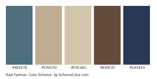 Raw Fashion - Color scheme palette thumbnail - #4d6e7b #c0ac92 #d4c4ac #644c3c #2a3a54 
