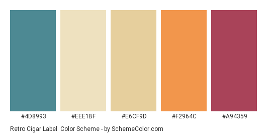 Retro Cigar Label - Color scheme palette thumbnail - #4d8993 #eee1bf #e6cf9d #f2964c #a94359 