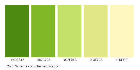 Lime Greens - Color scheme palette thumbnail - #4d8a12 #82b72a #c2e06a #e3e78a #fdf6be 