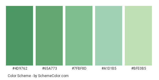 Succulent Green - Color scheme palette thumbnail - #4d9762 #65a773 #7fbf8d #a1d1b5 #bfe0b5 