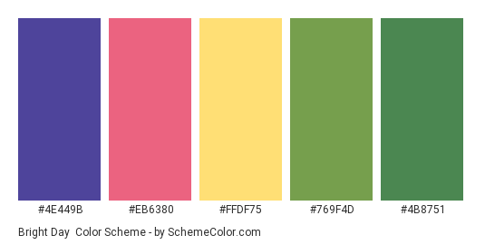 Bright Day - Color scheme palette thumbnail - #4e449b #eb6380 #ffdf75 #769f4d #4b8751 
