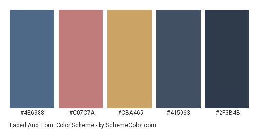 Faded and Torn - Color scheme palette thumbnail - #4e6988 #c07c7a #cba465 #415063 #2f3b4b 