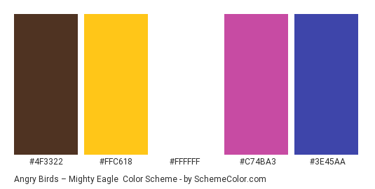Angry Birds – Mighty Eagle - Color scheme palette thumbnail - #4f3322 #ffc618 #ffffff #c74ba3 #3e45aa 