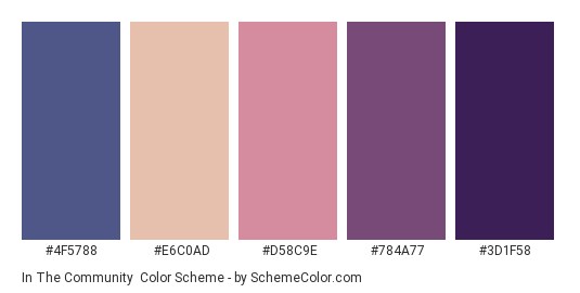 In the Community - Color scheme palette thumbnail - #4f5788 #e6c0ad #d58c9e #784a77 #3d1f58 
