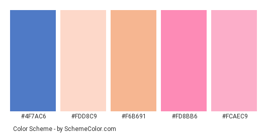 Cute Baby Pink - Color scheme palette thumbnail - #4f7ac6 #fdd8c9 #f6b691 #fd8bb6 #fcaec9 