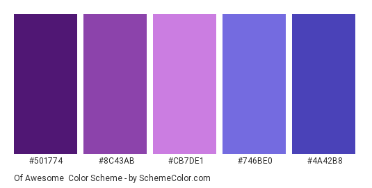 Of Awesome - Color scheme palette thumbnail - #501774 #8c43ab #cb7de1 #746be0 #4a42b8 
