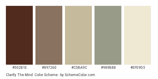 Clarify the Mind - Color scheme palette thumbnail - #502B1E #897260 #C5BA9C #989B88 #EFE9D3 