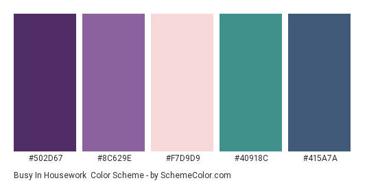 Busy in Housework - Color scheme palette thumbnail - #502D67 #8C629E #F7D9D9 #40918C #415A7A 