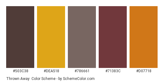 Thrown Away - Color scheme palette thumbnail - #503c38 #dea518 #786661 #71383c #d07718 
