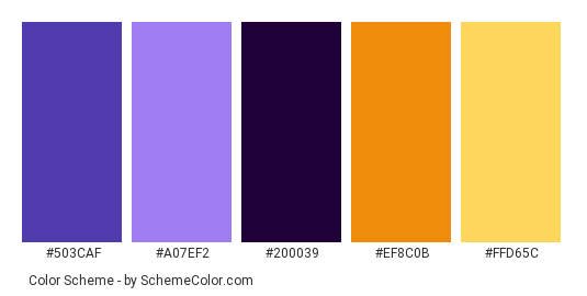 Blossom Bloom - Color scheme palette thumbnail - #503caf #a07ef2 #200039 #ef8c0b #ffd65c 