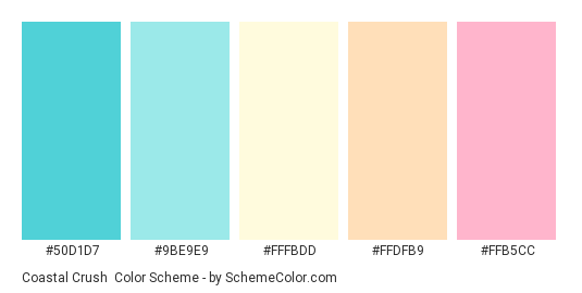 Coastal Crush - Color scheme palette thumbnail - #50d1d7 #9be9e9 #fffbdd #ffdfb9 #ffb5cc 