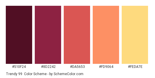 Trendy 99 - Color scheme palette thumbnail - #510f24 #8d2242 #da5653 #fd9064 #feda7e 