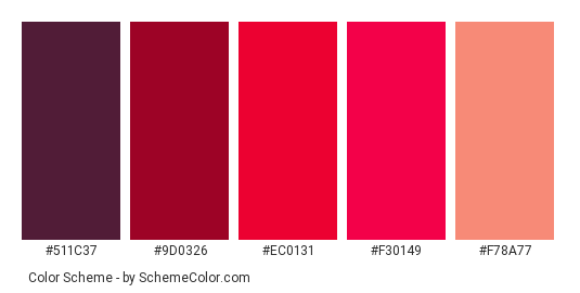 With Love - Color scheme palette thumbnail - #511c37 #9d0326 #ec0131 #f30149 #f78a77 