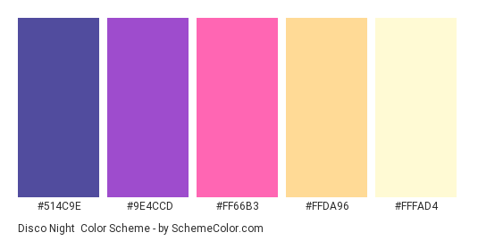 Disco Night - Color scheme palette thumbnail - #514C9E #9E4CCD #FF66B3 #FFDA96 #FFFAD4 
