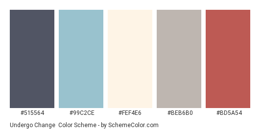 Undergo Change - Color scheme palette thumbnail - #515564 #99C2CE #FEF4E6 #BEB6B0 #BD5A54 
