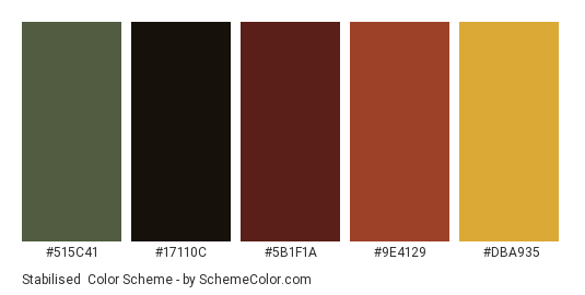 Stabilised - Color scheme palette thumbnail - #515C41 #17110c #5b1f1a #9E4129 #DBA935 