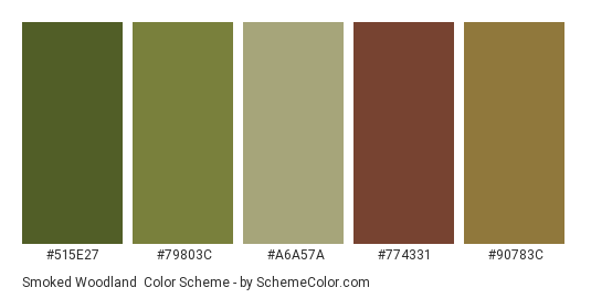 Smoked Woodland - Color scheme palette thumbnail - #515E27 #79803C #A6A57A #774331 #90783C 