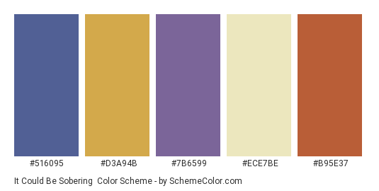 It could be Sobering - Color scheme palette thumbnail - #516095 #d3a94b #7b6599 #ece7be #b95e37 