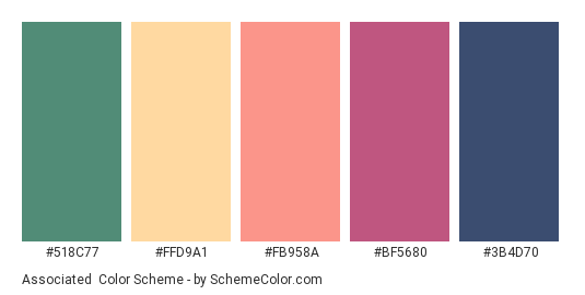 Associated - Color scheme palette thumbnail - #518C77 #FFD9A1 #FB958A #BF5680 #3B4D70 
