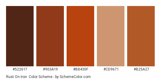 Rust on Iron - Color scheme palette thumbnail - #522617 #903a19 #b8430f #cd9671 #b25a27 